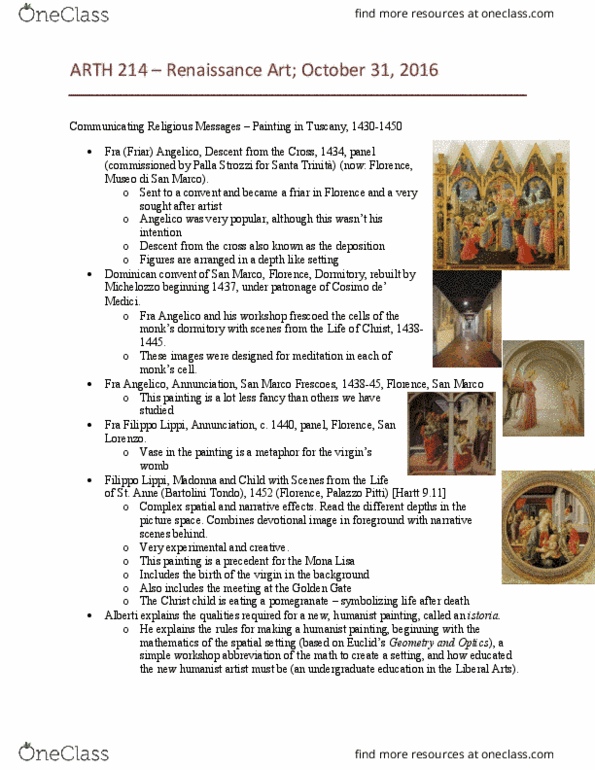 ARTH 214 Lecture Notes - Lecture 12: San Marco Altarpiece, Domenico Veneziano, Vanishing Point thumbnail