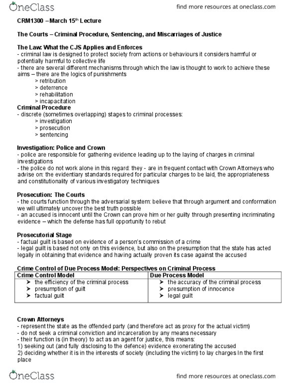 CRM 1300 Lecture Notes - Lecture 10: Donald Marshall, Jr., Neoliberalism, Eyewitness Identification thumbnail