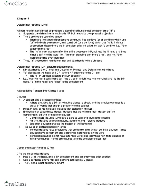 LIN232H1 Lecture Notes - Lecture 6: Nonfinite Verb, Dependent Clause, Complementary Distribution thumbnail