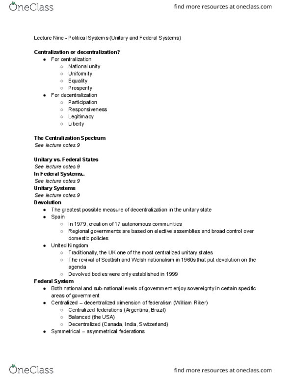 PO101 Lecture Notes - Lecture 9: William Riker, Welsh Nationalism, Autonomous Communities Of Spain thumbnail