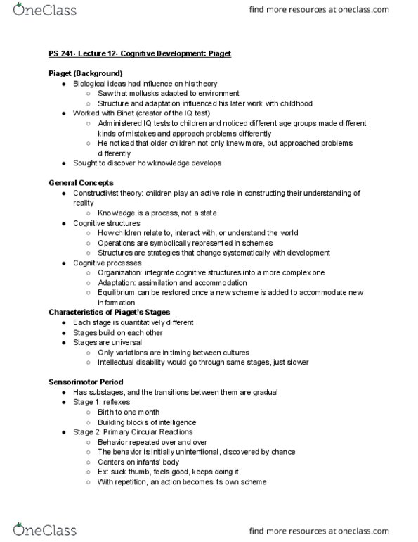 CAS PS 241 Lecture Notes - Lecture 12: Lev Vygotsky, Egocentrism, Intellectual Disability thumbnail