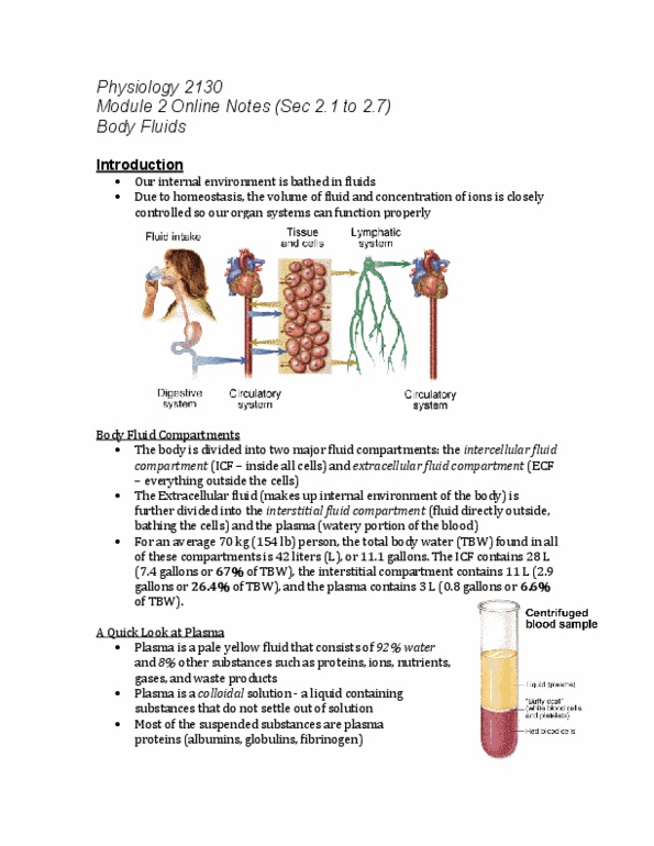 Physiology 2130 Chapter Notes -Homeostasis, Cell Membrane, Fibrinogen thumbnail