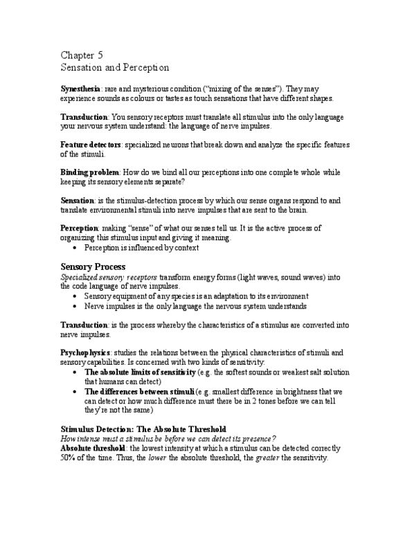 Psychology 1000 Chapter Notes - Chapter 5: Synesthesia, Prosthesis, The Rods thumbnail