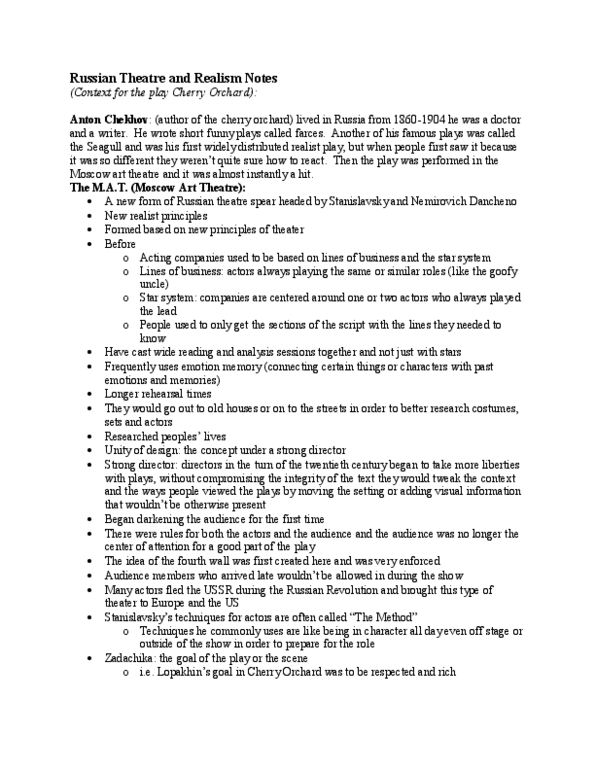 THTR1170 Lecture Notes - Lecture 16: Fourth Wall, Moscow Art Theatre, Anton Chekhov thumbnail