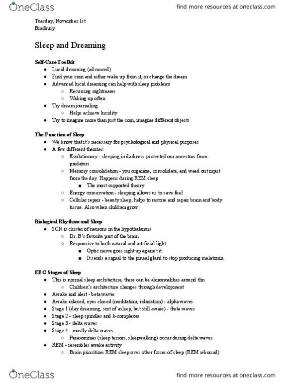 PSY 352 Lecture Notes - Lecture 20: Sleepwalking, Parasomnia, Lucid Dream thumbnail