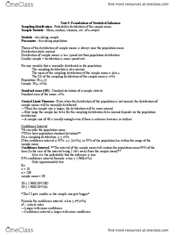 PSYCH 240 Lecture Notes - Lecture 6: Central Limit Theorem, Confidence Interval, Statistic thumbnail