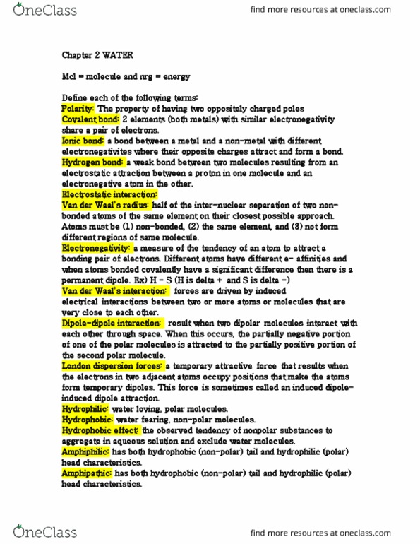 BIOCH200 Chapter Notes - Chapter 2: Van Der Waals Force, Van Der Waals Radius, London Dispersion Force thumbnail