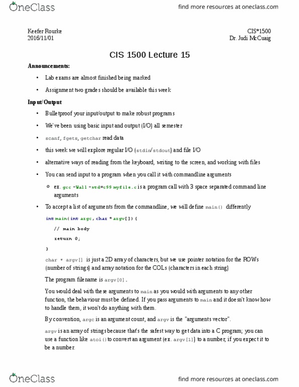 CIS 1500 Lecture Notes - Lecture 15: Newline, Memory Leak, Entry Point thumbnail