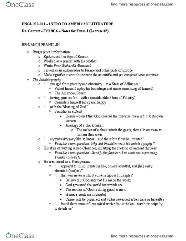 ENGL 212 Lecture Notes - Lecture 2: Frugality, Benjamin Franklin thumbnail