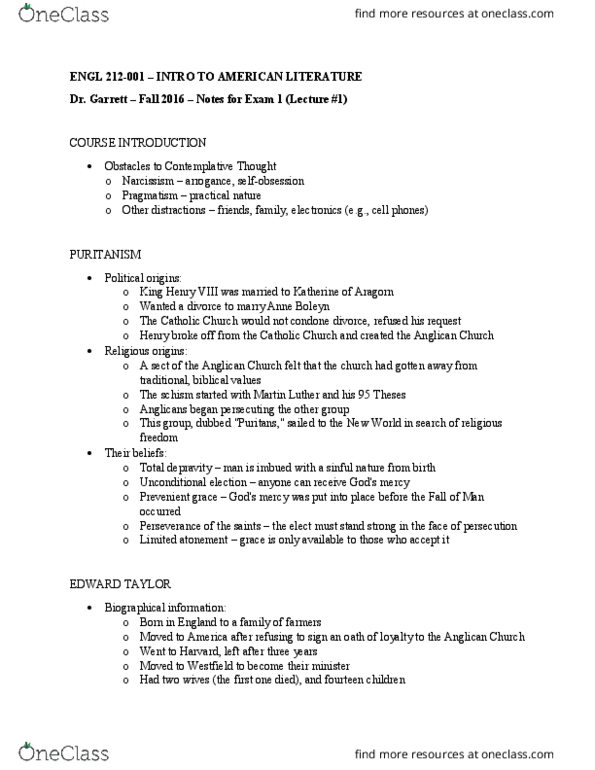 ENGL 212 Lecture Notes - Lecture 1: Radiance, Age Of Enlightenment, Prevenient Grace thumbnail