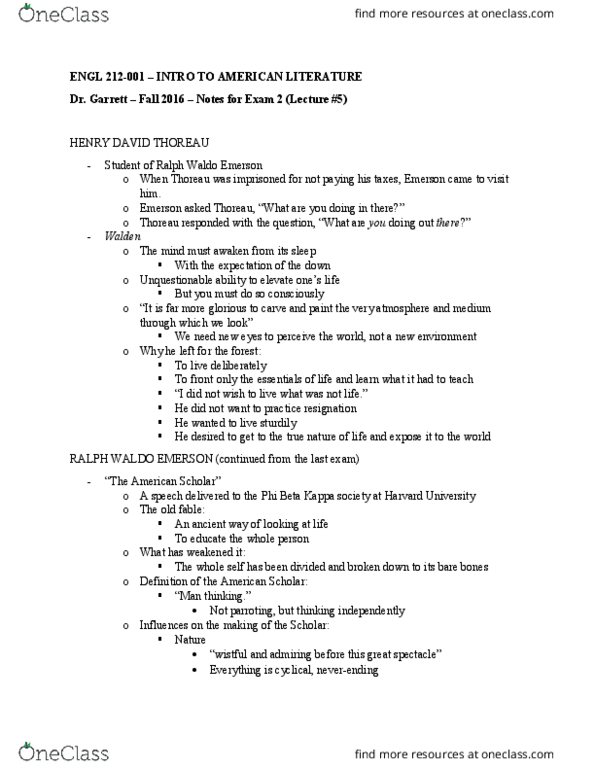 ENGL 212 Lecture Notes - Lecture 5: Ralph Waldo Emerson, Phi Beta Kappa Society, Henry David Thoreau thumbnail