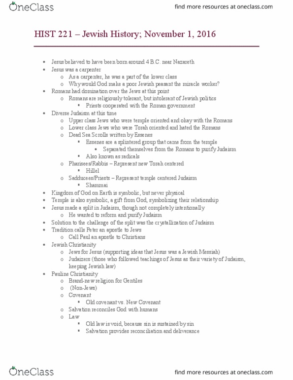 HIST 221 Lecture Notes - Lecture 12: Messiah In Judaism, Pauline Christianity, New Covenant thumbnail