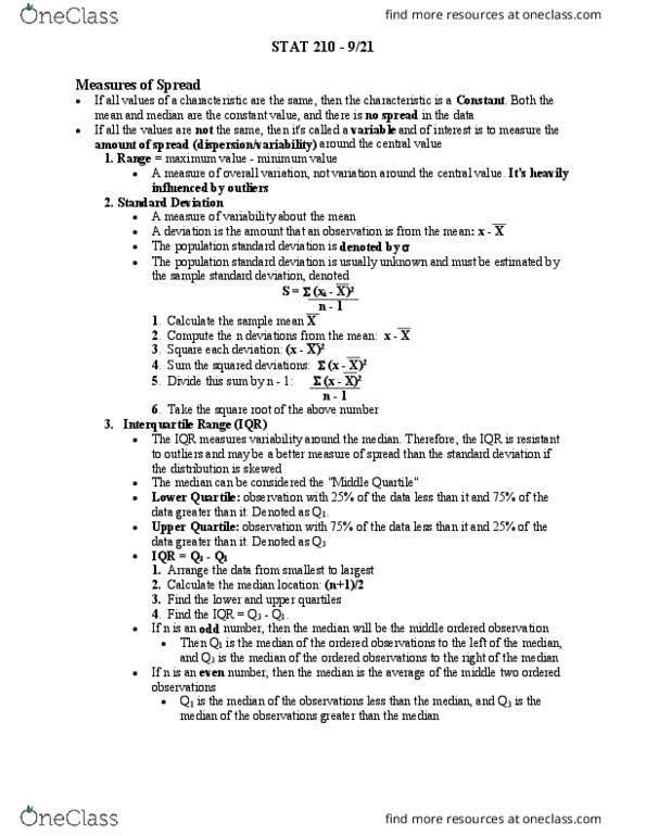STAT 210 Lecture Notes - Lecture 6: Squared Deviations From The Mean, Interquartile Range, Quartile thumbnail