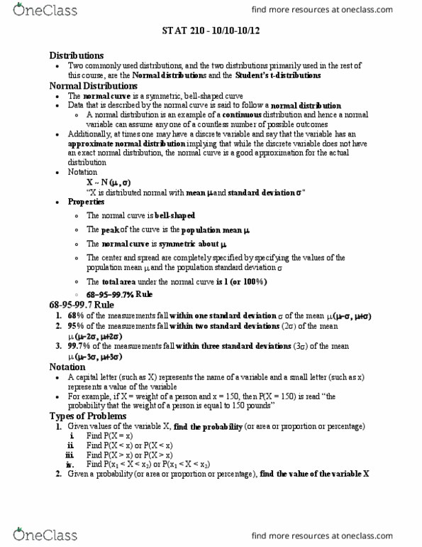 STAT 210 Lecture Notes - Lecture 11: Standard Normal Deviate, Standard Deviation, Continuous Or Discrete Variable thumbnail