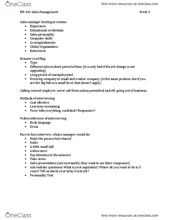 FM 431 Lecture Notes - Lecture 3: Jacob K. Javits Convention Center, Cover Letter, Body Language thumbnail