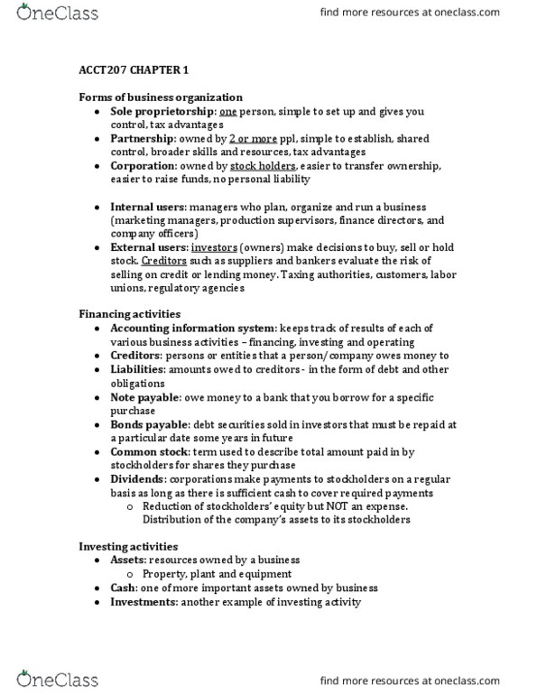ACCT207 Chapter Notes - Chapter 1: Certified Public Accountant, Balance Sheet, Retained Earnings thumbnail