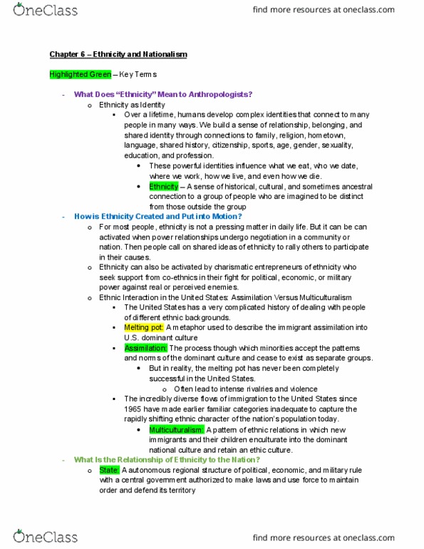 ANTH 2 Chapter Notes - Chapter 6: Enculturation, Melting Pot thumbnail