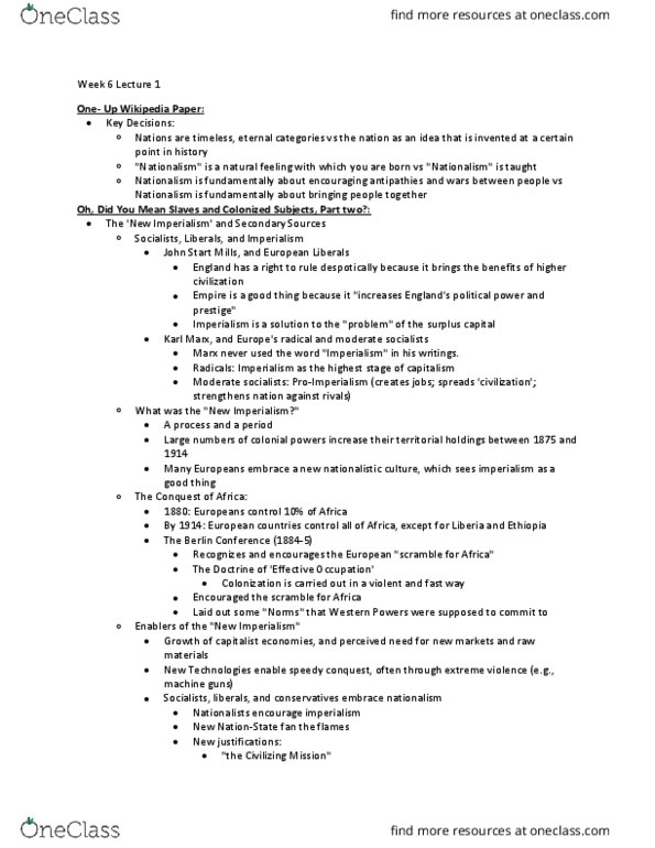 HISTORY 120 Lecture Notes - Lecture 10: Johann Friedrich Blumenbach, Social Darwinism, New Imperialism thumbnail