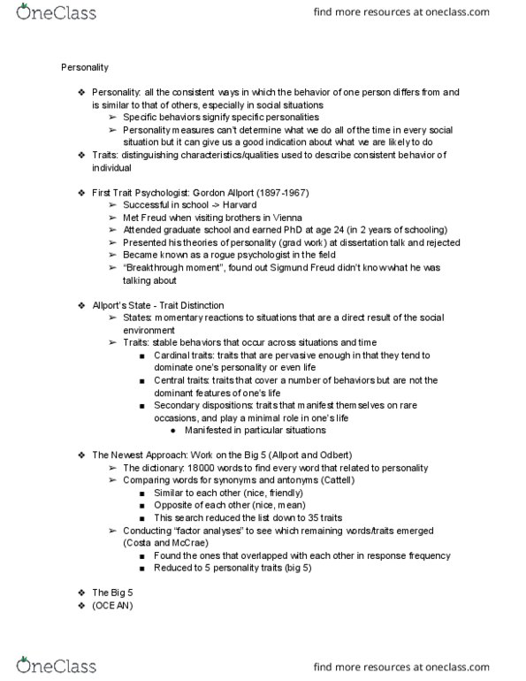 PSYCH 1 Lecture Notes - Lecture 17: Extraversion And Introversion, Twin Study, Agreeableness thumbnail