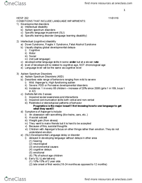 HESP 202 Lecture Notes - Lecture 14: Language-Learning Aptitude, Fragile X Syndrome, Language Delay thumbnail