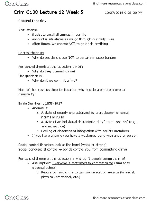 CRM/LAW C108 Lecture Notes - Lecture 12: Delayed Gratification, Social Control, Anomie thumbnail