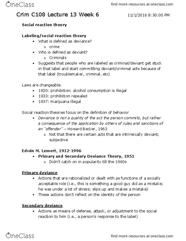 CRM/LAW C108 Lecture Notes - Lecture 13: Temporary Assistance For Needy Families, Counterculture, Labeling Theory thumbnail