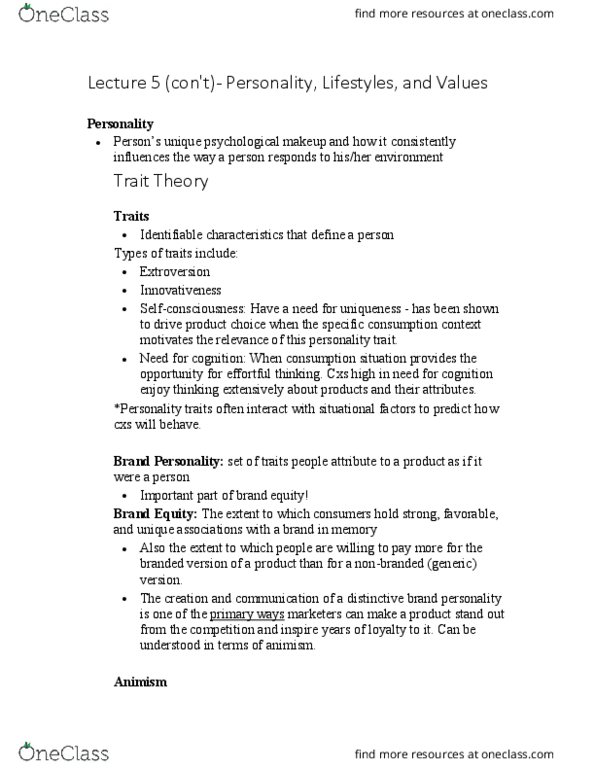 MARK 305 Lecture Notes - Lecture 5: Extraversion And Introversion, Ecotourism, Trait Theory thumbnail