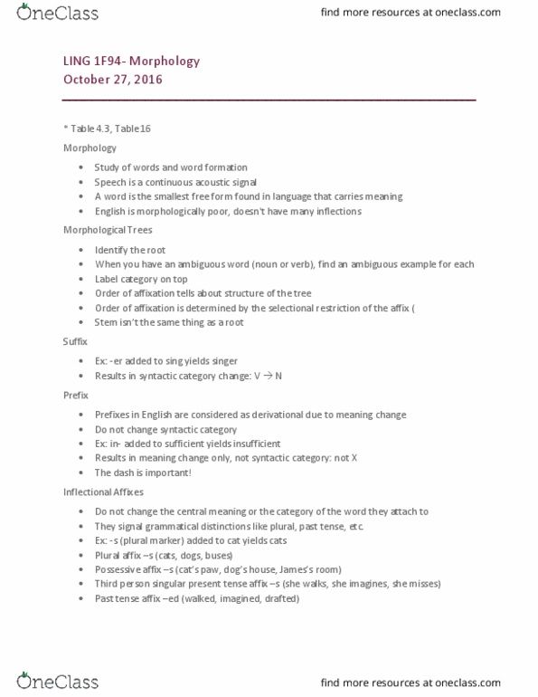 LING 1F94 Lecture Notes - Lecture 6: Word Formation, Inflection, Fox Hunting thumbnail