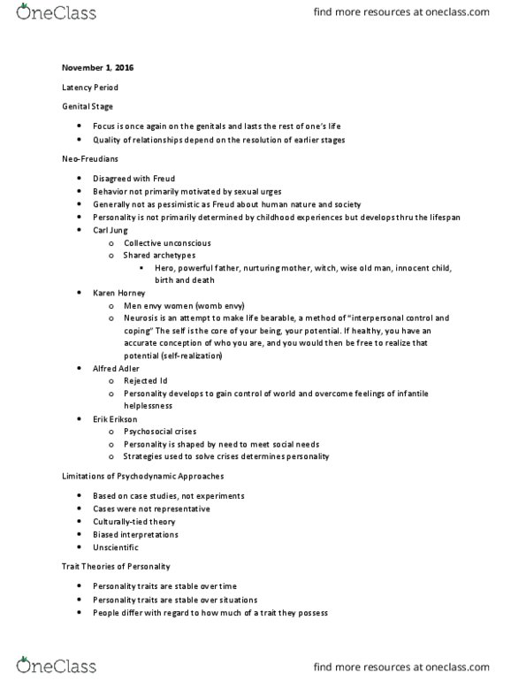 PY - Psychology PY 100S Lecture Notes - Lecture 18: Social Cognitive Theory, Genital Stage, Carl Jung thumbnail