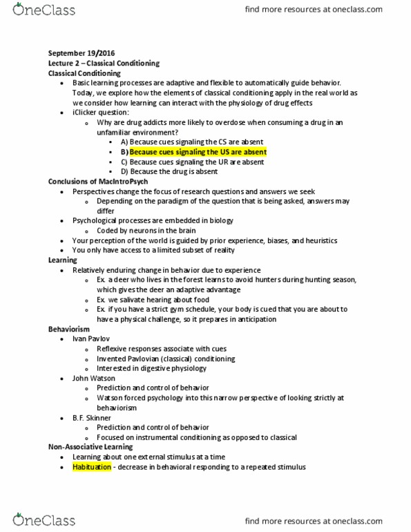 PSYCH 1X03 Lecture Notes - Lecture 2: Morphine, Unconditionally, Operant Conditioning thumbnail