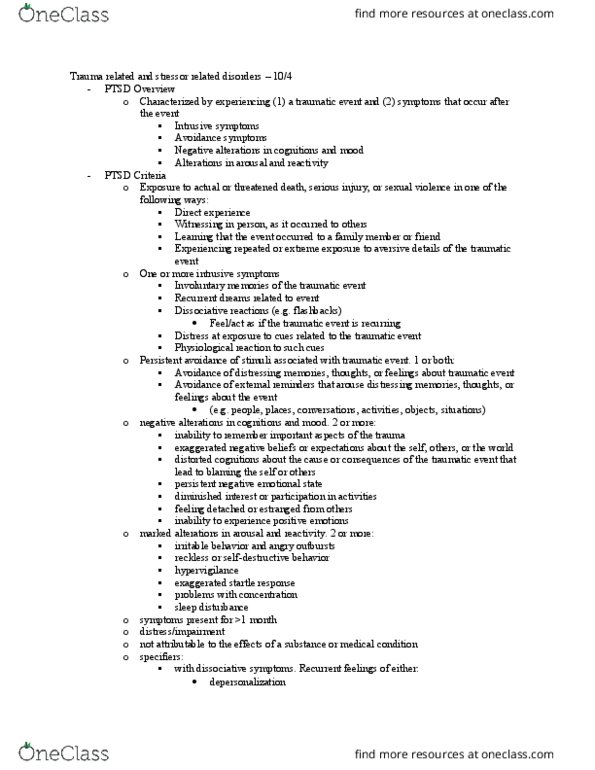 PSY 2710 Lecture Notes - Lecture 11: Traumatic Brain Injury, Acute Stress Reaction, Posttraumatic Stress Disorder thumbnail