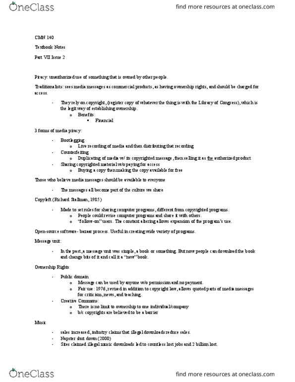 CMN 140 Chapter Notes - Chapter 8: Richard Stallman, Copyleft, Digital Millennium Copyright Act thumbnail