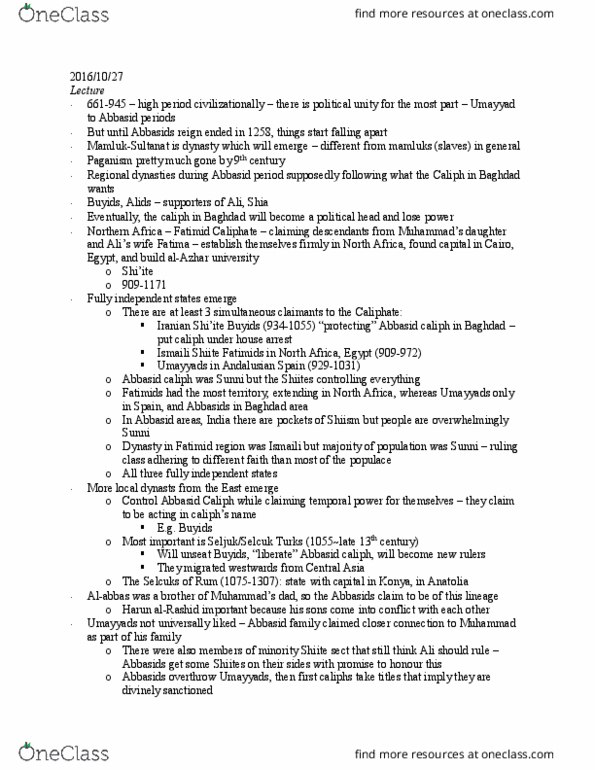 HIST 2890 Lecture Notes - Lecture 11: Fatimid Caliphate, Buyid Dynasty, Abbasid Caliphate thumbnail