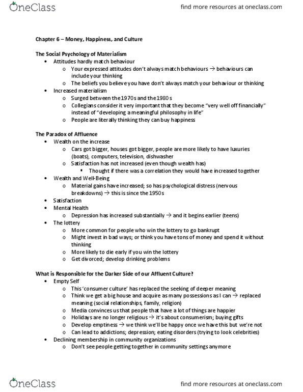 PSYC 4P30 Lecture Notes - Lecture 6: Consumerism, Materialism, Hedonic Treadmill thumbnail