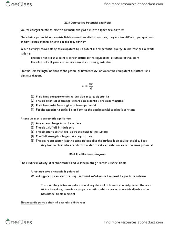 PHYS 251 Chapter Notes - Chapter 21.5-21.6: Equipotential, Electrocardiography, Electric Dipole Moment thumbnail