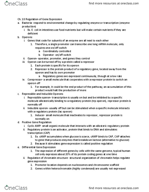 BIL 150 Chapter Notes - Chapter 18: Trp Operon, Lac Operon, Operon thumbnail