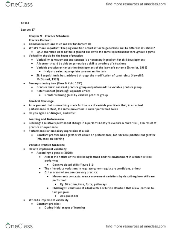 KP161 Lecture Notes - Lecture 17: Shortstop, Motor Learning, Motor Skill thumbnail