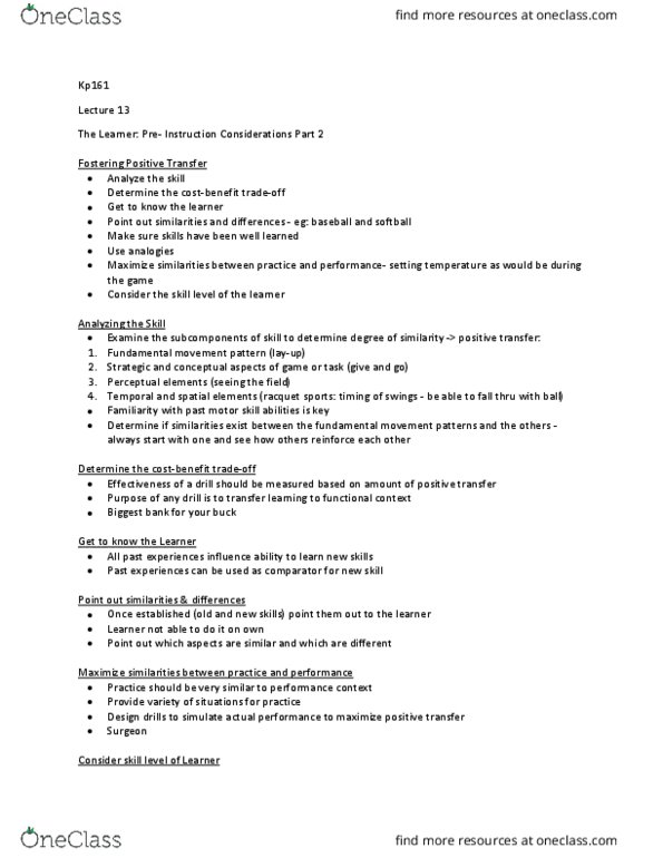 KP161 Lecture Notes - Lecture 13: Motor Skill, Inductive Transfer, Comparator thumbnail