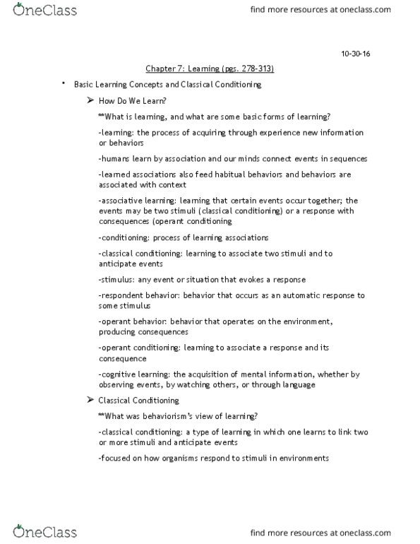 PSY 2012 Chapter Notes - Chapter 7: Operant Conditioning, Observational Learning, Behaviorism thumbnail
