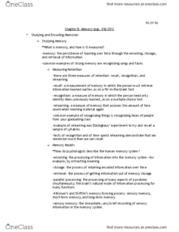 PSY 2012 Chapter Notes - Chapter 8: Sensory Memory, Encoding Specificity Principle, Implicit Memory thumbnail