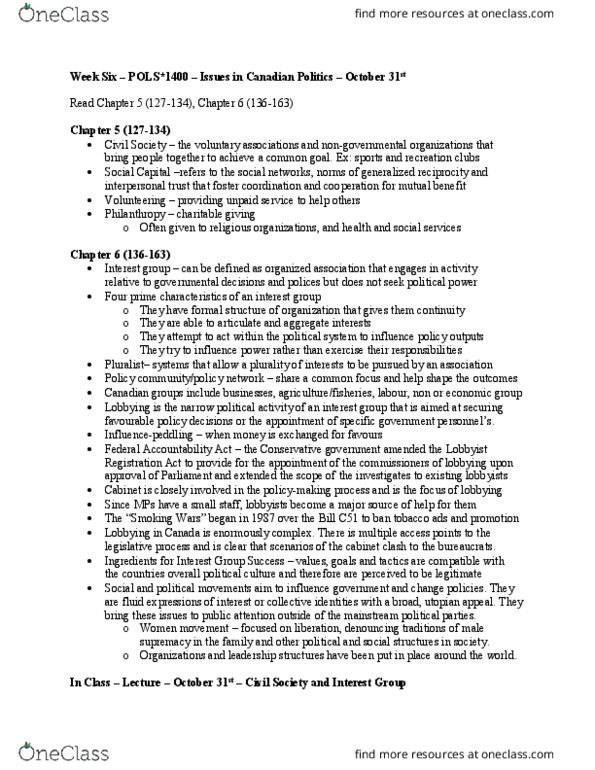 POLS 1400 Lecture Notes - Lecture 5: Greenpeace, National Citizens Coalition, Sexual Orientation thumbnail