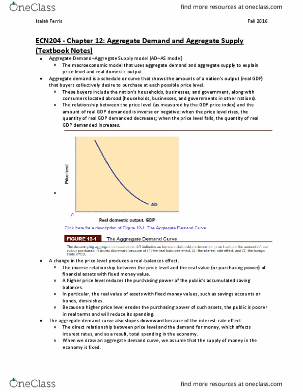 ECN 204 Chapter Notes - Chapter 12: Aggregate Demand, Aggregate Supply, Demand Curve thumbnail