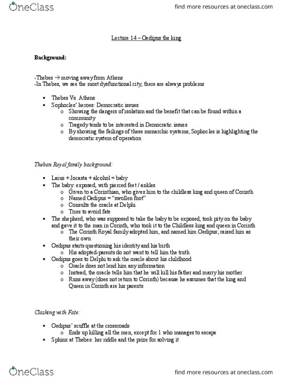 CLASSICS 1B03 Lecture Notes - Lecture 14: Sophocles, Laius thumbnail
