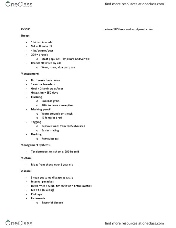 AVS 101 Lecture Notes - Lecture 18: Lanolin, Viral Disease, Anthelmintic thumbnail