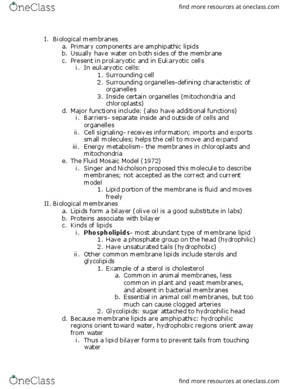 BISC 310 Lecture Notes - Lecture 8: Cell Membrane, Membrane Fluidity, Mitochondrion thumbnail