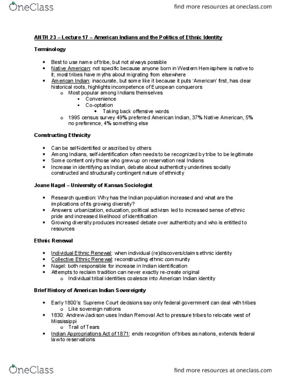 ANTH 23 Lecture Notes - Lecture 17: Russell Means, Indian Reorganization Act, Reconsideration Of A Motion thumbnail