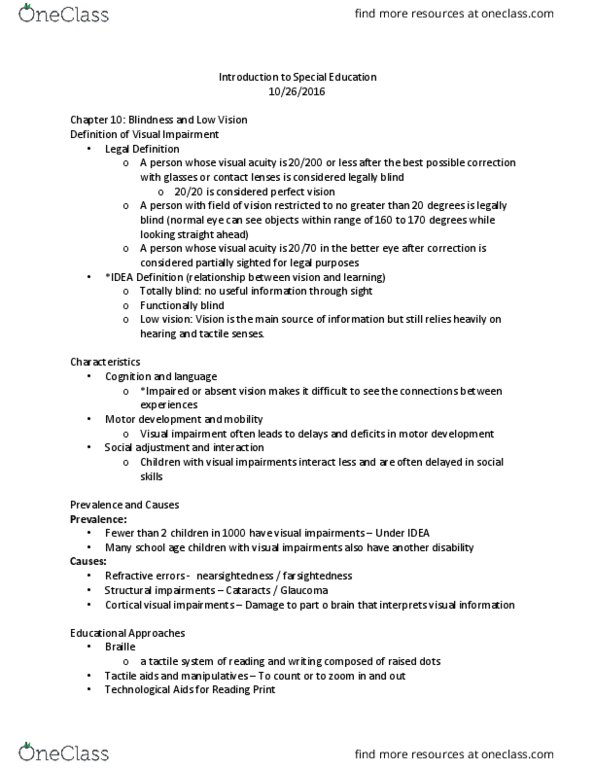 SPECED 101 Lecture Notes - Lecture 7: Mashed Potato, Somatosensory System, Near-Sightedness thumbnail