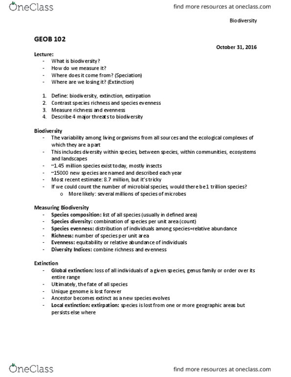 GEOB 102 Lecture Notes - Lecture 13: Species Evenness, Species Richness, Local Extinction thumbnail