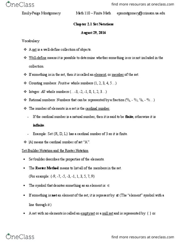 MATH 110 Lecture Notes - Lecture 4: Set-Builder Notation, Empty Set, Natural Number thumbnail