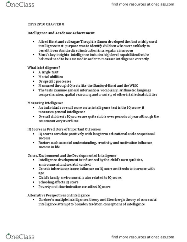 CHYS 2P10 Chapter Notes - Chapter 8: Theory Of Multiple Intelligences, Mendelian Inheritance thumbnail